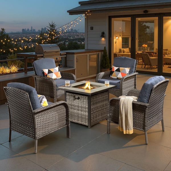 Citrus 5 Pieces Wicker Outdoor Patio Square Fire Pit Set with Denim Blue Cushions