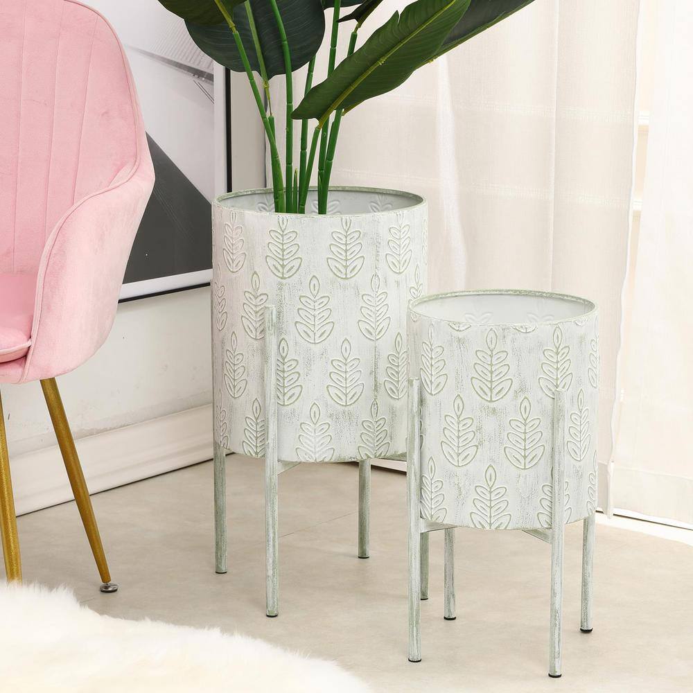 Elegant White and Sage Metal Leaf Embossed Planter Set with Stand
