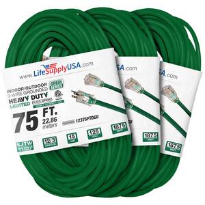 75 ft 12 Gauge/3 Conductors SJTW Indoor/Outdoor Extension Cord with Lighted End Green (3 Pack)