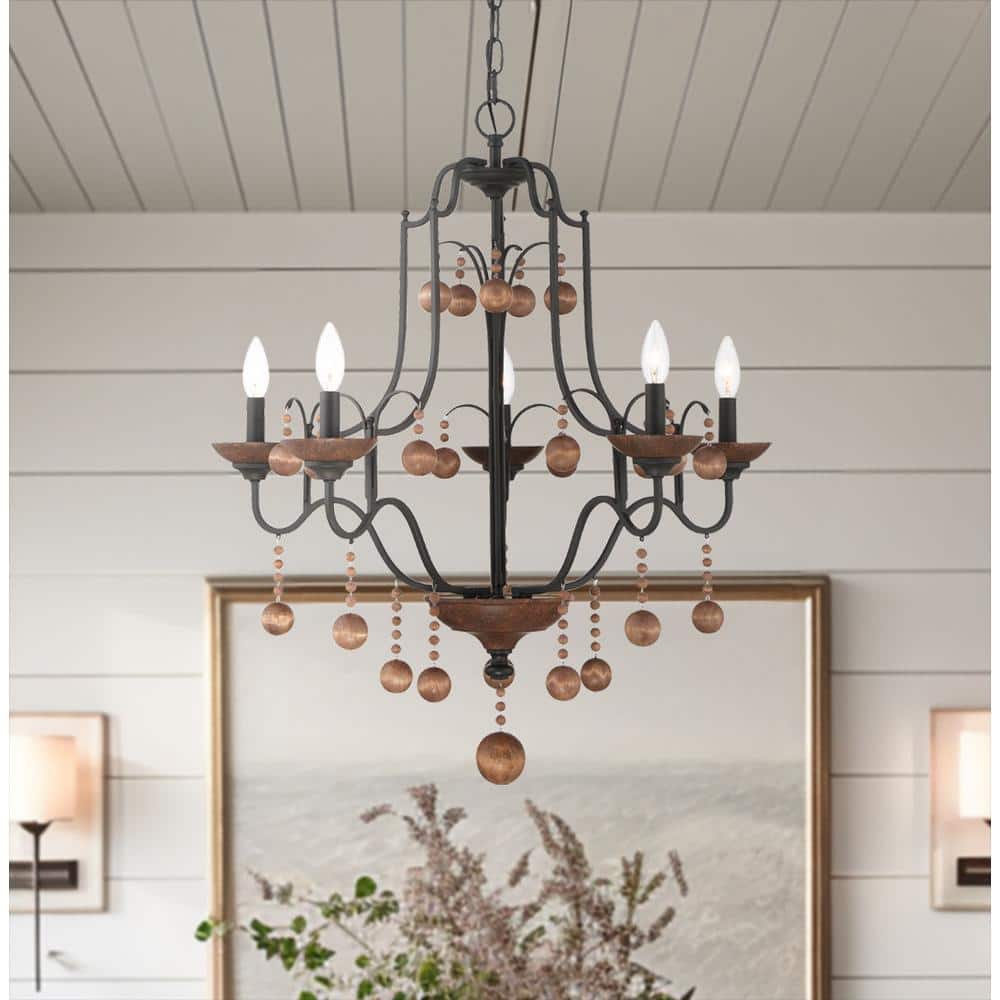 Old World Bronze and Walnut 5-Light Candle Chandelier