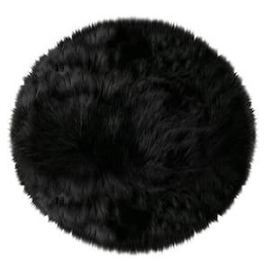 Sheepskin Faux Furry Black Cozy Rugs 5 ft. x 5 ft. Round Area Rug