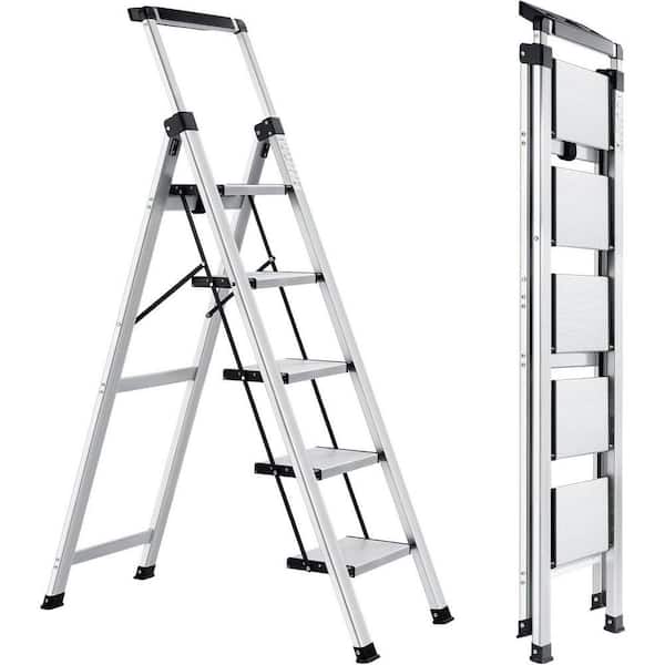 5-Step Aluminum Folding Library Ladder with Anti-Slip Wide Pedal, Retractable Handgrip, 330 lbs. Capacity