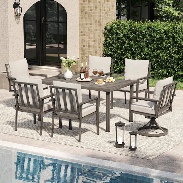 Quietude 7-Piece Gray Aluminum Patio Dining Set with Rectangular Table, 2 Swivel Dining Chairs and Light Gray Cushions