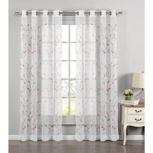 Wavy Leaves Coral Polyester Faux Linen 54 in. W x 63 in. L Embroidered Grommet Sheer Curtain (Single Panel)