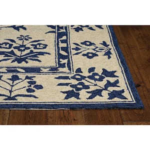 Mira Sand/Blue 8 ft. Round Floral FarmHouse Hand-Made Area Rug