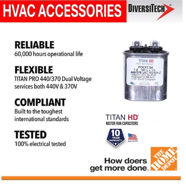 TITAN HD 7.5 MFD, 440-Volt/370-Volt Dual Voltage Oval Run Capacitor