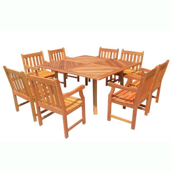 Vifah Roch Eucalyptus 9-Piece Patio Dining Set with 60 in. Square Table and Slat-Back Armchairs