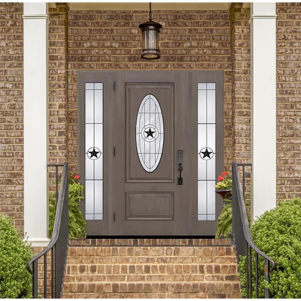 Regency 68 in. x 80 in. 3/4L Oval Alamo Glass LHIS Ashwd Mahogany Fiberglass Prehung Front Door w/14in-Full SLs 4-9/16