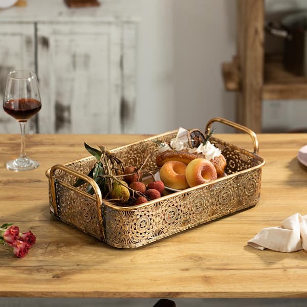 Vintiquewise Metal Gold Rectangular Serving Tray with Oval Design