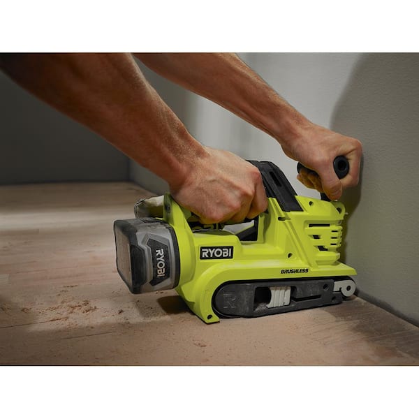 RYOBI ONE 18V Cordless Brushless 3 in. x 18 in. Belt Sander Tool Only with Dust Bag and 80 Grit Sanding Belt P450 The Home Depot