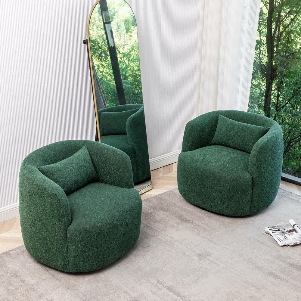 Green Boucle Swivel Barrel Armchair Set with Wood Frame