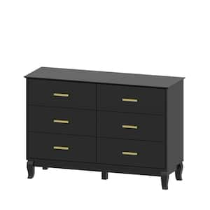 Black Wooden 47.2 in. Width Sideboard, Storage Cabinet with 6-Drawers, Golden Handle & 5 Wooden Legs