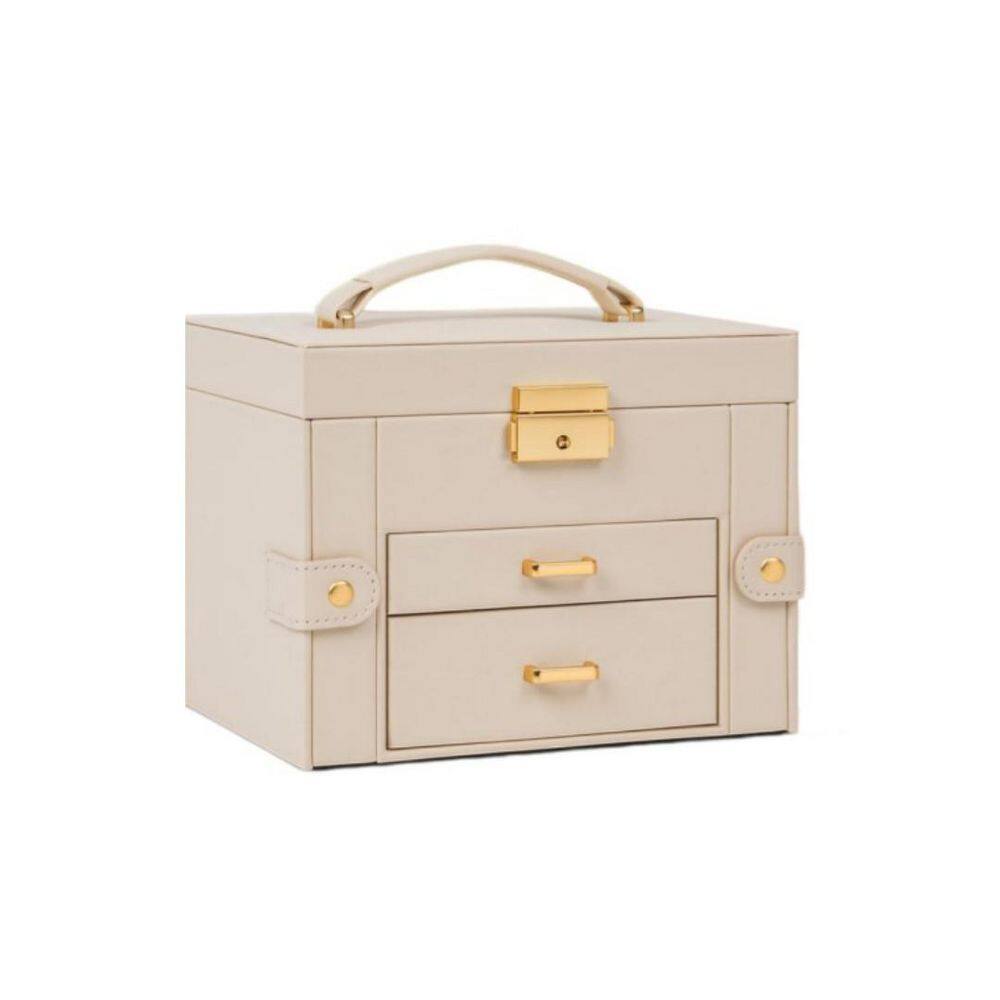 Leather Jewelry Box with Mirror and Lock 3-Tier with 2 Drawers