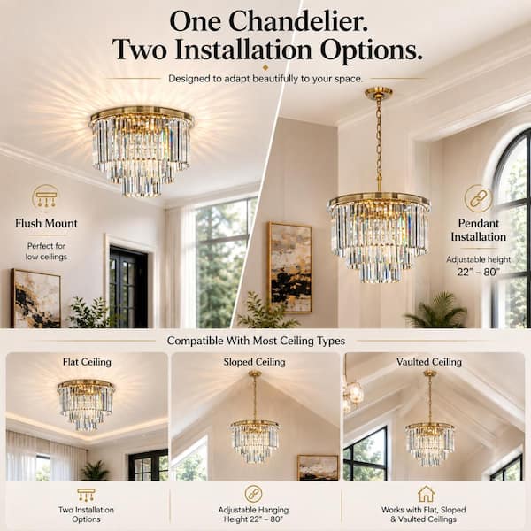 ALOA DECOR 20in 6-Light Modern 3-Tier Round Fringe Crystal