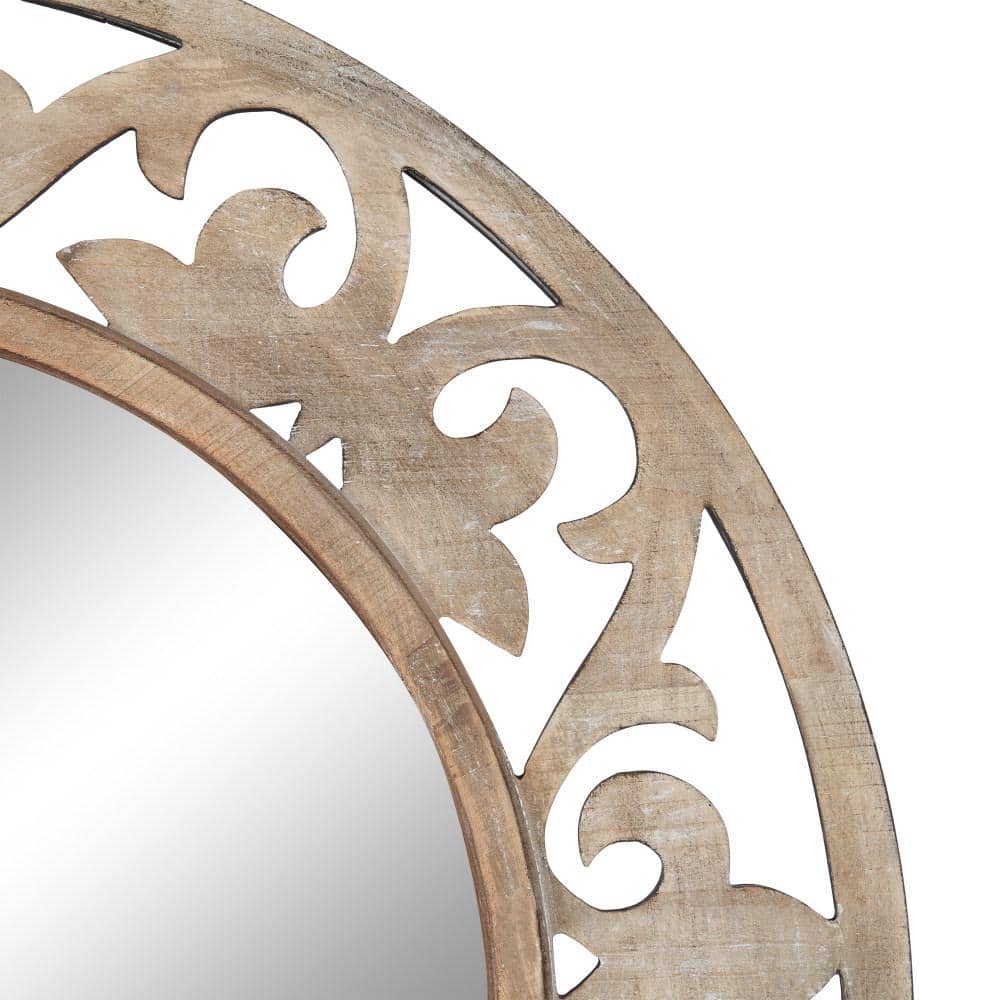 Shovali 32" Natural Wood Carved Round Vanity Mirror