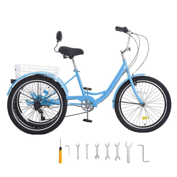 Adult Tricycles Bike, 7 Speed Adult Trikes, 20 In. Three-Wheeled Bicycles, Carbon Steel Cruiser Bike with Basket, Blue