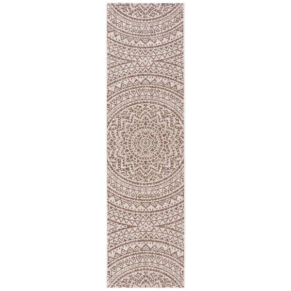 Courtyard Light Beige/Light Brown 2 ft. x 14 ft. Medallion Indoor/Outdoor Runner Rug