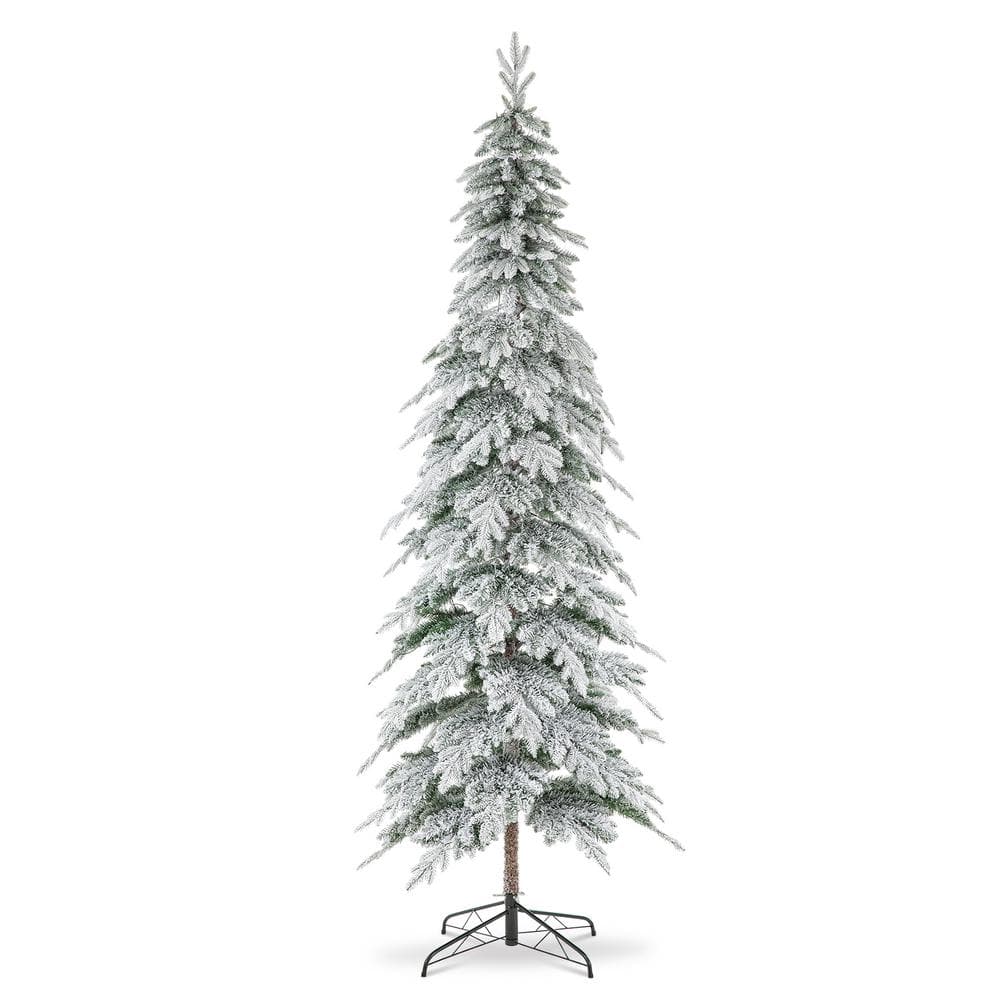 9ft Narrow Flocked Spruce Christmas Tree with Warm White Lights