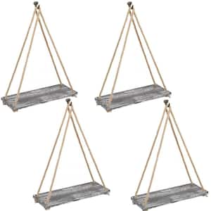 Gray Whitewash Wall Hanging Shelf -Wood Hanging Shelves for Wall Triangle Window Rope Hanging Plant Shelf (Set of 4 )