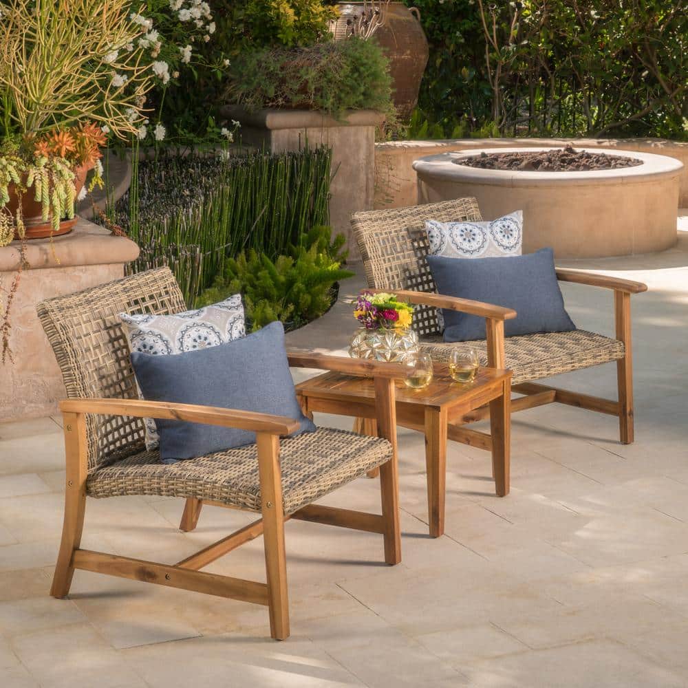 Natural Stained Gray Acacia Wood and Wicker Armchair Set
