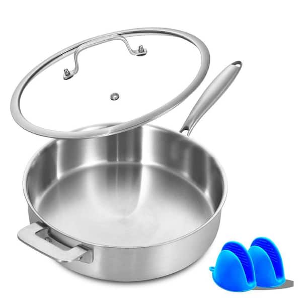 6QT Saute Pan 12 in. Stainless Steel Tri-Ply Deep Cooking Pan Silver Ergonomic Handles Induction Compatible with Lid