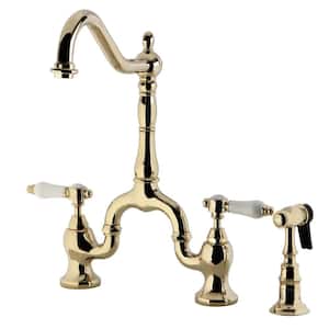 Bel-Air Double-Handle Deck Mount Bridge Kitchen Faucet with Brass Sprayer in Polished Brass