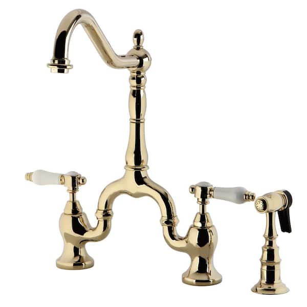 Kingston Brass Bel-Air Double-Handle Deck Mount Bridge Kitchen Faucet with Brass Sprayer in Polished Brass