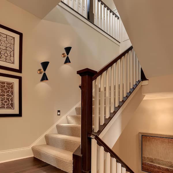 NIMBUS 2-Light 5.7 in. W Black Cone Wall Sconce Up and Down Lighting with Barn Shade for Bedroom