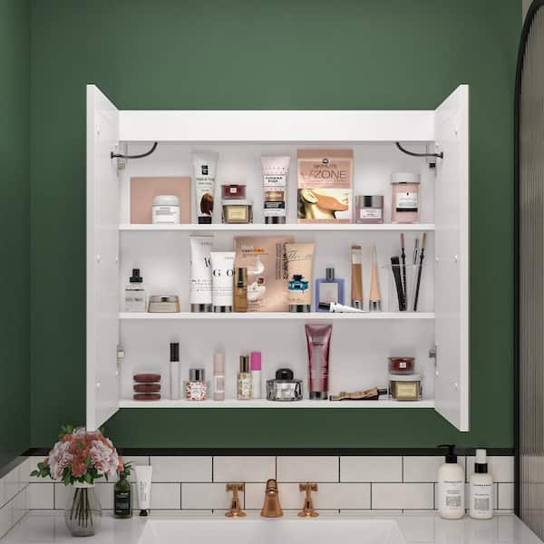 White Wood Bathroom Wall Cabinet with Mirror, Dimmable Lights, Frameless Surface Mount, 35.4 in. W x 31.5 in. H