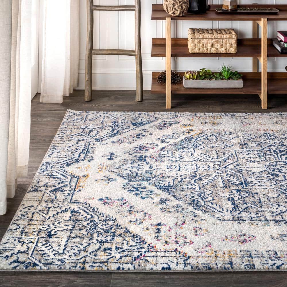 Reversible Blue-Cream 8' x 10' Synthetic Vintage Persian Rug