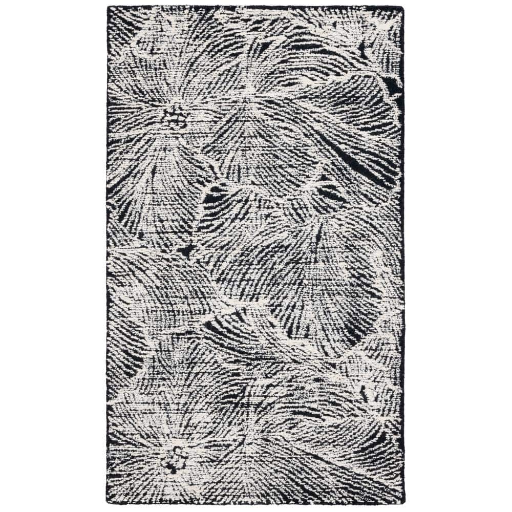 Black and Ivory Floral Wool Hand-Tufted Area Rug 3' x 5'