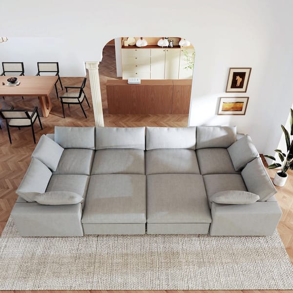 Cloud Couch 157 in. Square Arm Down Filled Linen 8-Piece Modular Sectional Sofa in Gray with Ottoman, Detachable Covers