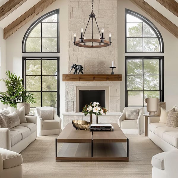 Farmhouse Wagon Wheel Chandelier, 6-Light Distressed Wood Circle Island Light, Rustic Bronze Dining Room Pendant Light