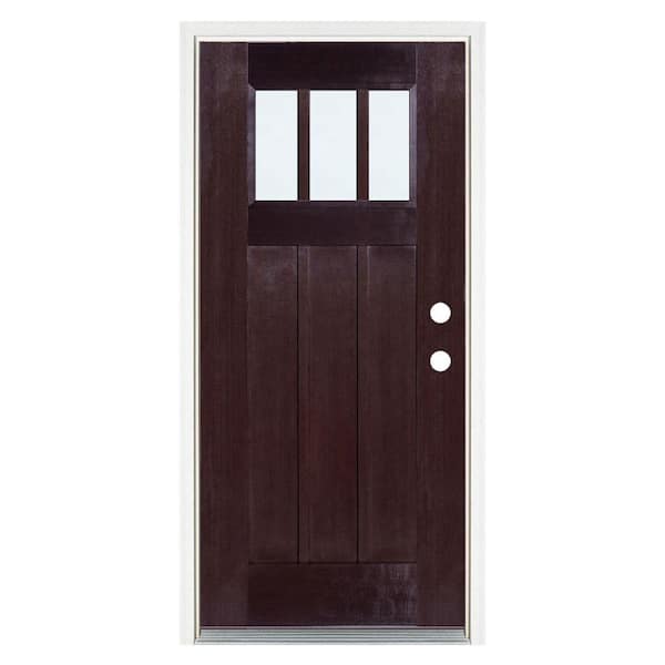 36 in. x 80 in. Dark Walnut Left-Hand Inswing 3 Lite LoE Craftsman Stained Fiberglass Prehung Front Door