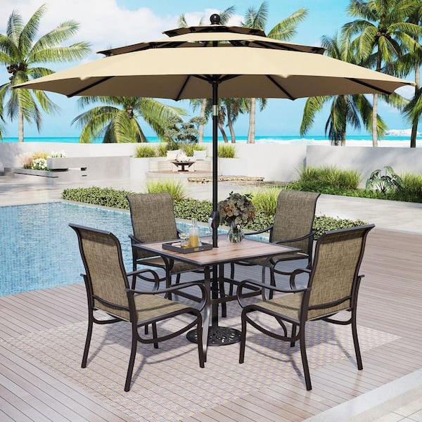 6pc metal square patio dining set with umbrella brown threshold PHI VILLA Black 6-Piece Metal Square Patio Outdoor Dining Set with Wood  Finish Table, Umbrella and Textilene Chairs THD6-0605-93FM
