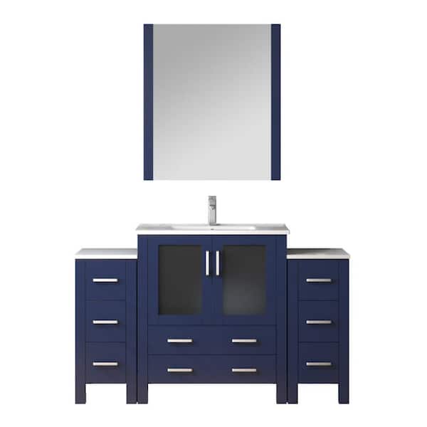 Volez 54" W x 18.25" D Navy Blue Single Bath Vanity with Side Cabinets, White Ceramic Top, Faucet Set, and 28 in Mirror