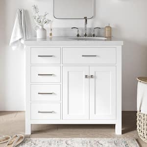 Bristol 37 in. W x 22 in. D x 36 in. H Freestanding Bath Vanity in White with White Marble Top