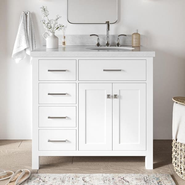 ARIEL Bristol 37 in. W x 22 in. D x 36 in. H Freestanding Bath Vanity in White with White Marble Top