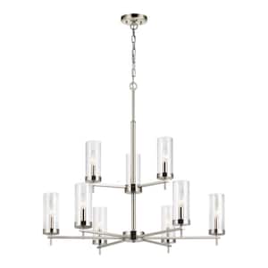 Zire 9-Light Brushed Nickel Modern Minimalist Dining Room Hanging Candlestick Chandelier with Clear Glass Shades