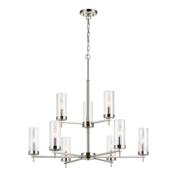 Generation Lighting Zire 9-Light Brushed Nickel Modern Minimalist Dining Room Hanging Candlestick Chandelier with Clear Glass Shades