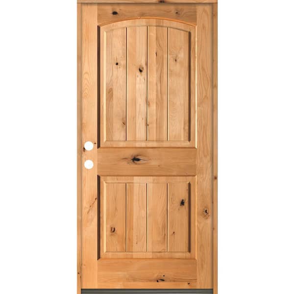 Krosswood Doors 30 in. x 80 in. Rustic Knotty Alder Arch Top V-Grooved Clear Stain Right-Hand Inswing Wood Single Prehung Front Door