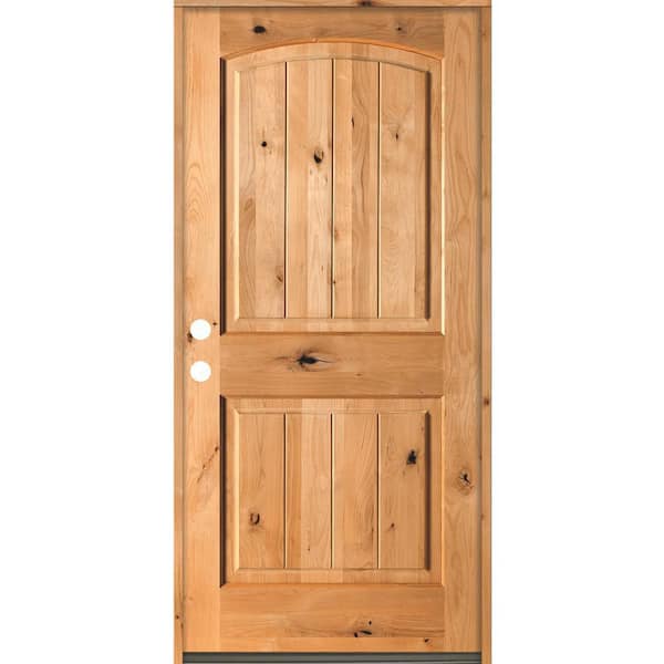 Krosswood Doors 36 in. x 80 in. Rustic Knotty Alder Arch Top V-Grooved Clear Stain Right-Hand Inswing Wood Single Prehung Front Door