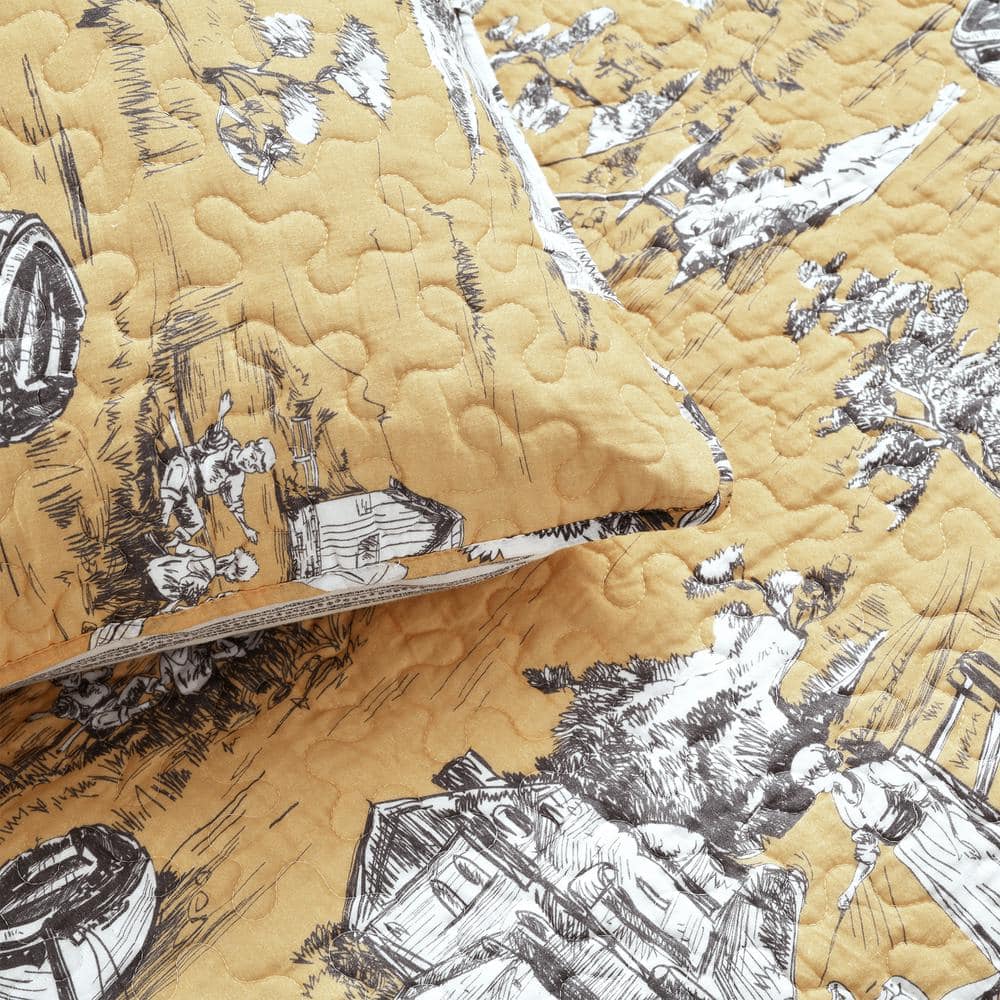 French Country Toile Yellow & White Cotton Full Quilt Set