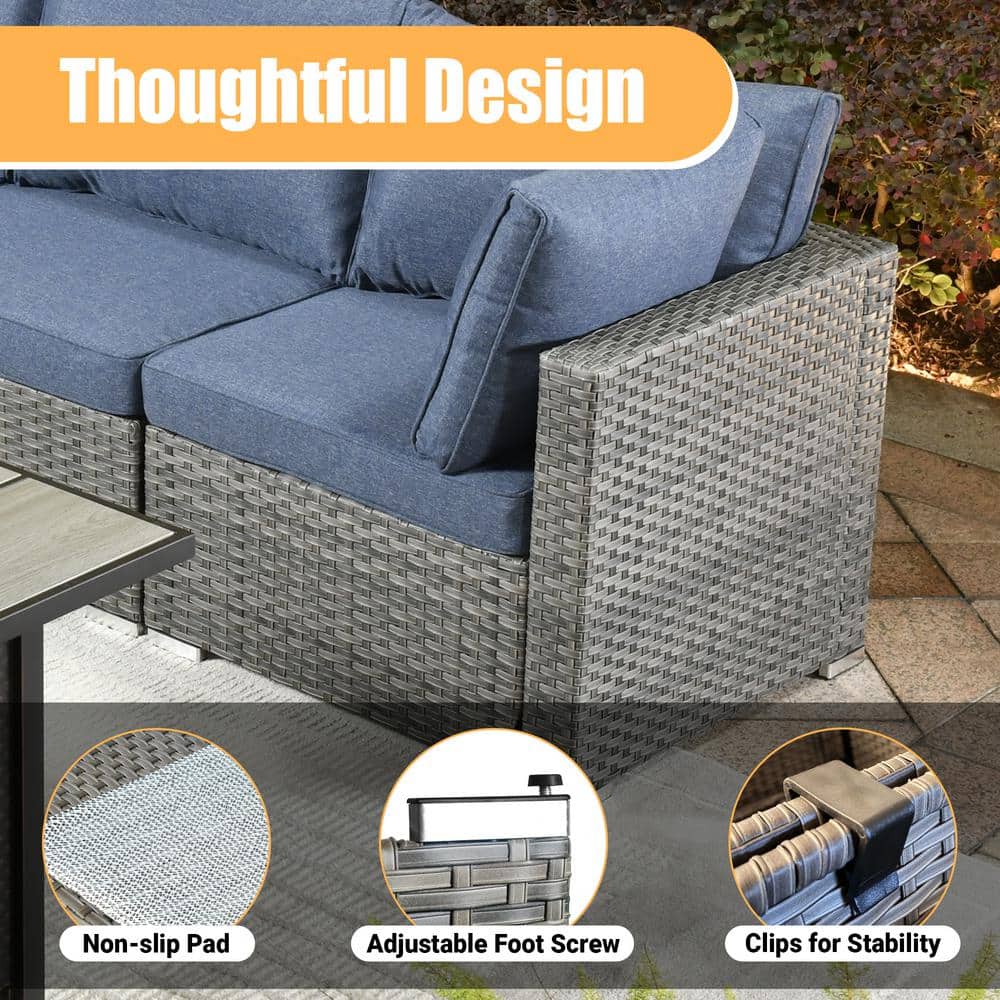Venice 9-Piece Gray Wicker Patio Sofa Set with Denim Blue Cushions and Copper Fire Pit