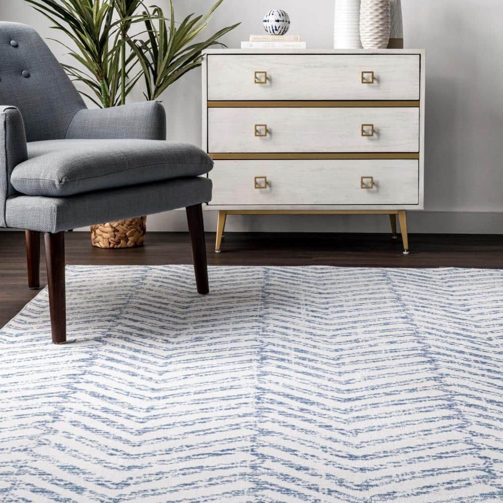 Blue and White Geometric Washable Synthetic Area Rug