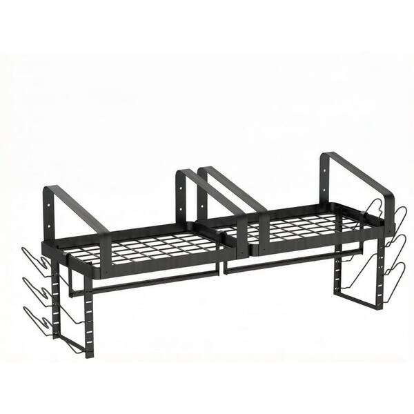 2 Piece Black Wall Mounted Pot Rack with Towel Bar and Pots Pans Lids Organizer, Cookware Hanging Shelves with Hooks