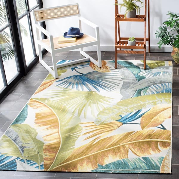 Barbados Gold/Green 10 ft. x 12 ft. Tropical Leaf Indoor/Outdoor Area Rug