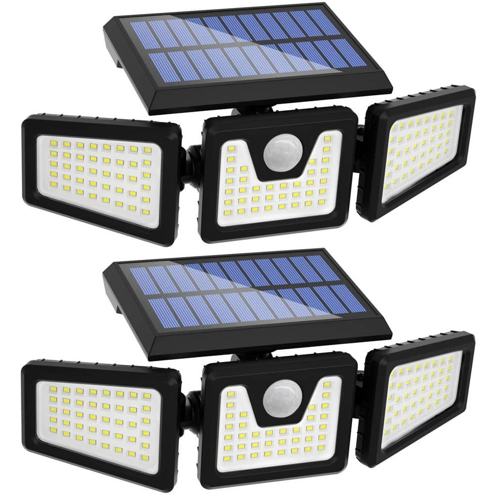 Operfurni 3-Heads Outdoor Solar Black Integrated LED Security Flood ...