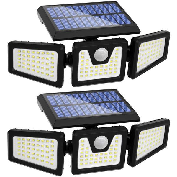 Operfurni 3-Heads Outdoor Solar Black Integrated LED Security Flood ...