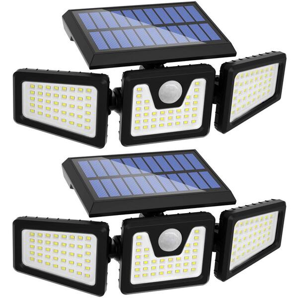 Operfurni 3-Heads Outdoor Solar Black Integrated LED Security Flood Lights with Motion Senor (2-Pack)